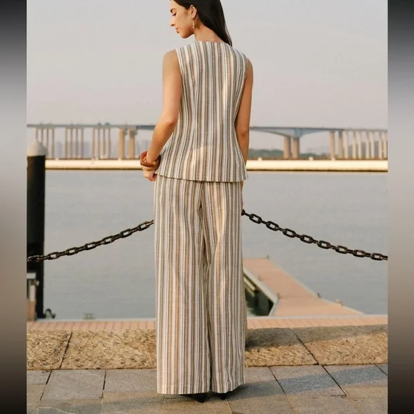 Commense Linen/Cotton Striped Vest & Mid-Waist Striped Wide-Leg Pants Set - Picture 2 of 16